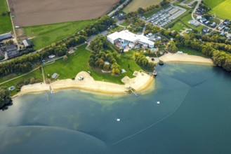 Aerial view, GochNess leisure pool and sandy lido, cauldron, autumn trees, Goch, Lower Rhine, North