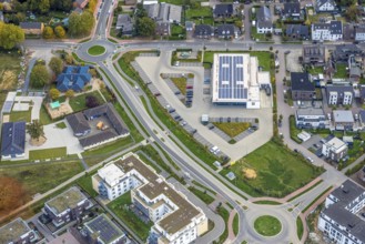 Aerial view, Aldi supermarket with solar roof at the Ostring roundabout, Goch, Lower Rhine, North