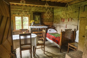 Bed, living room, table, wooden house, fisherman's house, Latvian Ethnographic Open-Air Museum,