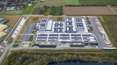 Aerial view, Tricor factory packaging company, Weeze, Lower Rhine, North Rhine-Westphalia, Germany,