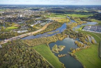 Aerial view, Lippe estuary, construction site and new Lippe bridge building and extension with