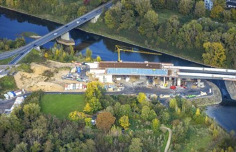Aerial view, Lippe bridge construction site, new bridge over the river Lippe for connection to the