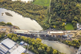 Aerial view, Lippe bridge construction site, new bridge over the river Lippe to connect to the