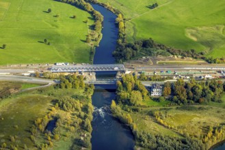 Aerial view, railway bridge and road bridge B8 at Lippeschlößchen across the river Lippe,