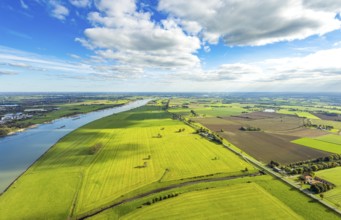 Aerial view, Rhine river with dyke foothills near Grieth LSG landscape protection area, Rheinaue
