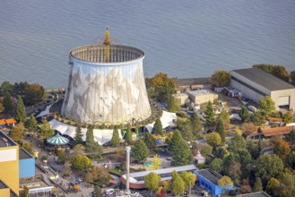 Aerial view, Kalkar Wonderland amusement park on the river Rhine, family park with events such as