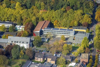 Aerial view, Bildungszentrum Niederrhein Wesel vocational school, autumn trees, Wesel, Lower Rhine,