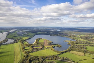 Aerial view, Auestadion Wesel, soccer stadium and athletics stadium surrounded by autumn trees,