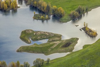 Aerial view, Lippe river with small islands in the Lippe estuary nature reserve, shapes and colors,