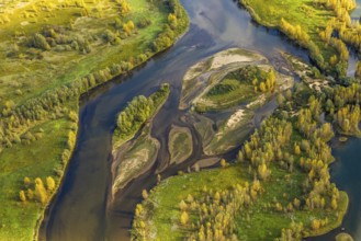 Aerial view, lip estuary, river Lippe and small islands with autumn trees in the NSG nature