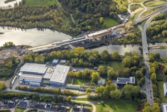 Aerial view, Lippe bridge construction site, new bridge over the river Lippe for connection to the