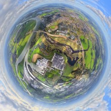 Aerial view, town view of Wesel, Rhine river and Wesel Lower Rhine bridge, Lippe Lippe estuary with