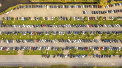 Aerial view, parking lot at Kalkar Wonderland amusement park, shapes and colors, Hönnepel, Kalkar,
