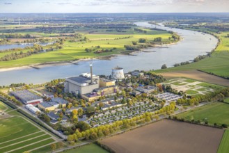 Aerial view, Kalkar Wonderland amusement park on the Rhine river with Rheinaue, Energy Factory,