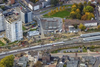 Aerial view, construction site between Franz-Etzel-Platz bus station and Wesel main station Hbf,