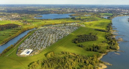 Aerial view, Grav-Insel Campground on the Grav Rhine Peninsula, shapes and colors, Flürener Feld,