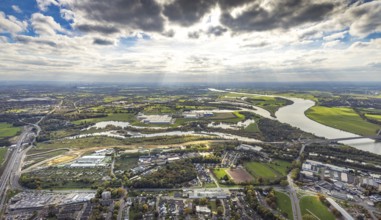 Aerial view, Lippe estuary with construction site, Lippe river and NSG nature reserve, Büdericher