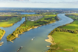 Aerial view, Rhine river with inland navigation on Gravinsel with the campsite, Rheinaue and view