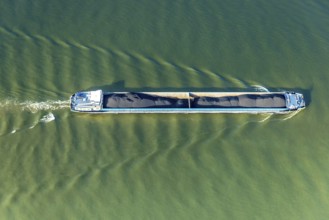 Aerial view, Rhine river with inland navigation on Gravinsel, coal ship, Bislich, Wesel, Lower