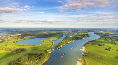 Aerial view, Rhine river with inland navigation on Gravinsel with the campsite, on the left