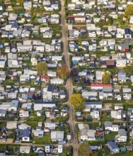 Aerial view, Grav-Insel Campground on the Grav Rhine Peninsula, shapes and colors, Flürener Feld,