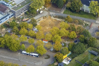 Aerial view, construction site An de Tent, between round sports hall and parking lot, Fusternberg,