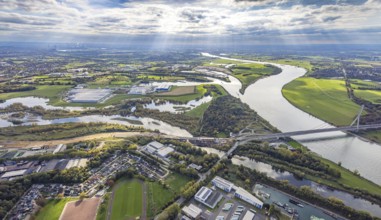 Aerial view, Lippe estuary with construction site, Lippe river and NSG nature reserve, Büdericher