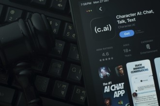 Dhaka, Bangladesh- 28 Oct 2025: An iPad displaying the Chatracter AI app against a judge's gavel