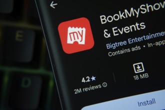 Dhaka, Bangladesh- 27 July 2025: BookMyShow app from Google Playstore is displayed on a smartphone
