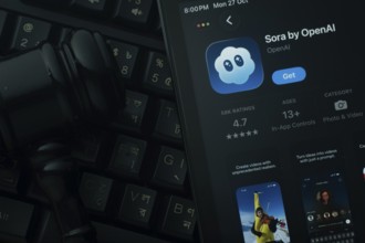 Dhaka, Bangladesh- 28 Oct 2025: An iPad displaying the Sora by OpenAI app against a judge's gavel