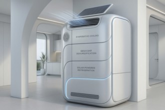 This futuristic appliance uses solar energy for evaporative cooling and dehumidification, promoting