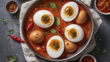 This flavorful egg curry is a popular dish, often served with rice or bread for a complete meal, AI