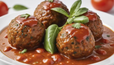 This image showcases a close-up of savory meatballs, perfectly cooked and served with a rich tomato