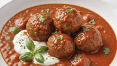 This image showcases a flavorful dish of meatballs in a rich tomato sauce, garnished with fresh