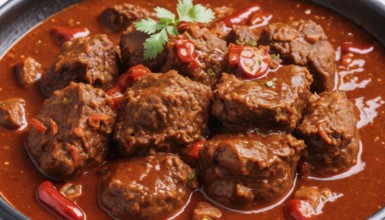 This hearty stew features tender beef chunks simmered in a flavorful tomato-based sauce, perfect