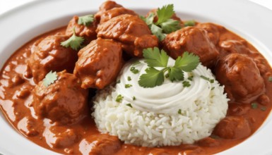 This flavorful Indian dish features tender chicken in a creamy tomato sauce, served with fluffy