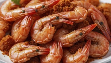 This image shows a close-up of cooked shrimp, a popular seafood dish, ready to be enjoyed, AI