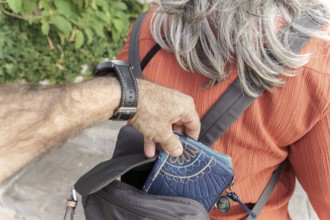 Ronda, malaga, spain Hand of a pickpocket discreetly removing a wallet from a person's backpack,