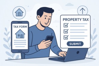 A person is shown completing their property tax form on a laptop and mobile phone, ready to submit,