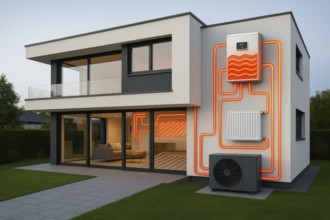 This image showcases a modern home equipped with a heat pump system, promoting sustainable living