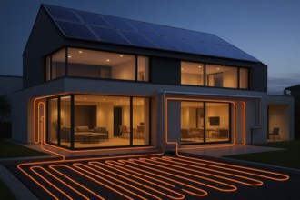 This image showcases a contemporary house with sustainable energy solutions, perfect for