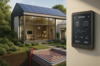 This image showcases a sustainable home with renewable energy solutions for a greener future, AI