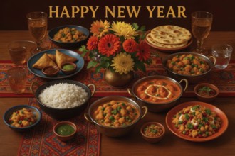 A vibrant table setting showcases an array of traditional Indian cuisine, perfect for a celebratory