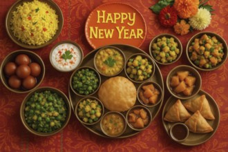A vibrant and colorful spread of Indian cuisine is presented for a Happy New Year celebration, AI