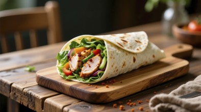 This appetizing wrap features grilled chicken, crisp lettuce, tomatoes, and other fresh