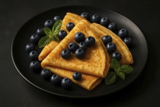 This image showcases a delightful breakfast or dessert featuring golden crepes and juicy