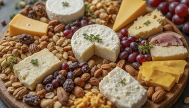 This cheese board features a variety of cheeses, nuts, and grapes, perfect for a party or