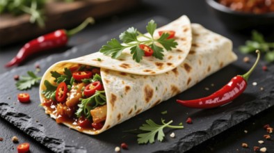 This appetizing burrito is filled with savory ingredients and garnished with fresh herbs and spicy
