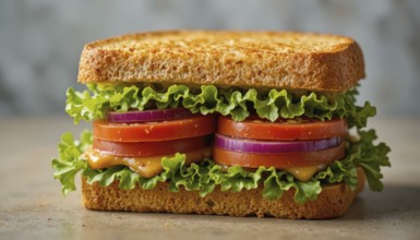 This appetizing sandwich features layers of fresh lettuce, tomato, and red onion, making it a