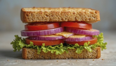 This appetizing sandwich features layers of tomatoes, red onion, lettuce, and cheese between slices